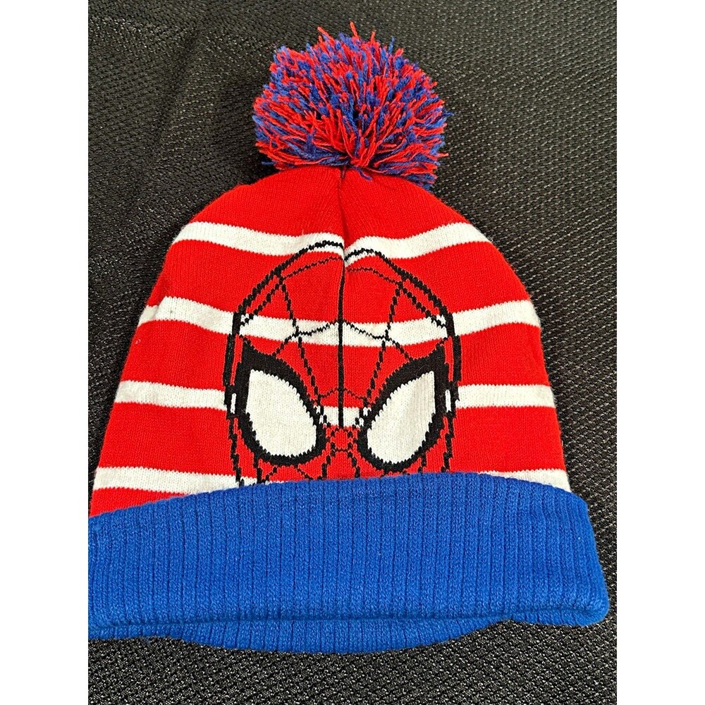 Marvel Spider-Man Beanie Hat Red Blue Striped Pom Pom Cuffed One Size Fits Most